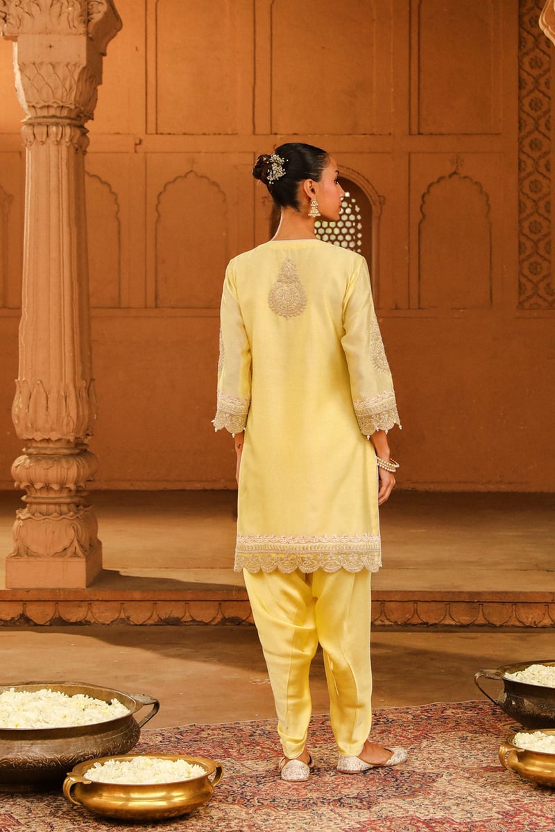 Lemon Yellow Embroidered Straight Kurta Set with Dhoti