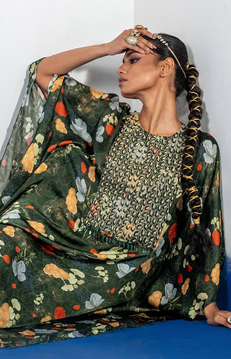 Green Floral Kaftan Kurta Set with Embroidered Yoke