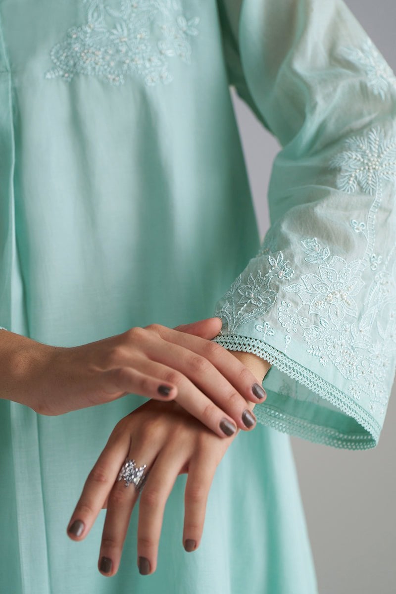 Dusky Aqua Mul-Mul Embroidered Kurta and Pant Co-ord Set