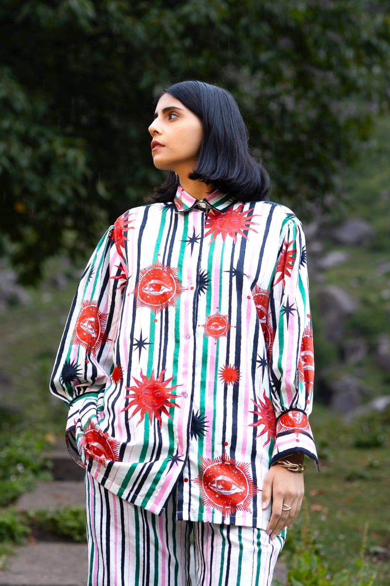 White and Green Striped Celestial Print Button-Down Shirt