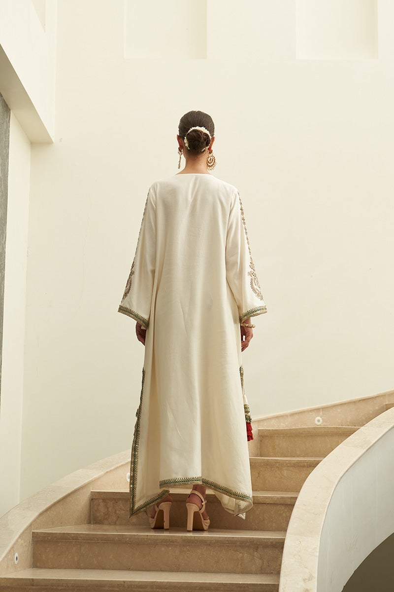 Ivory Chanderi Silk A-Line Kaftan with Tassel Tie