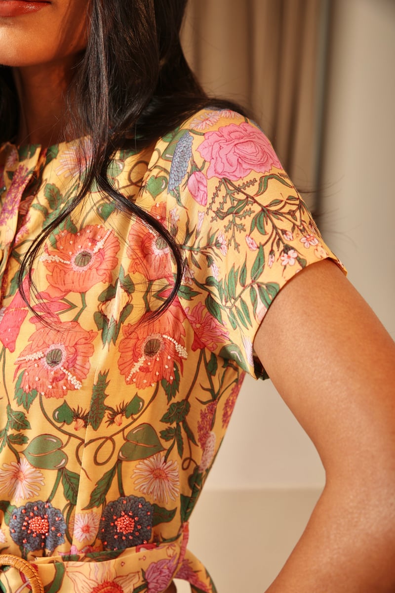 Yellow Botanical Printed Belted Fit and Flare Dress