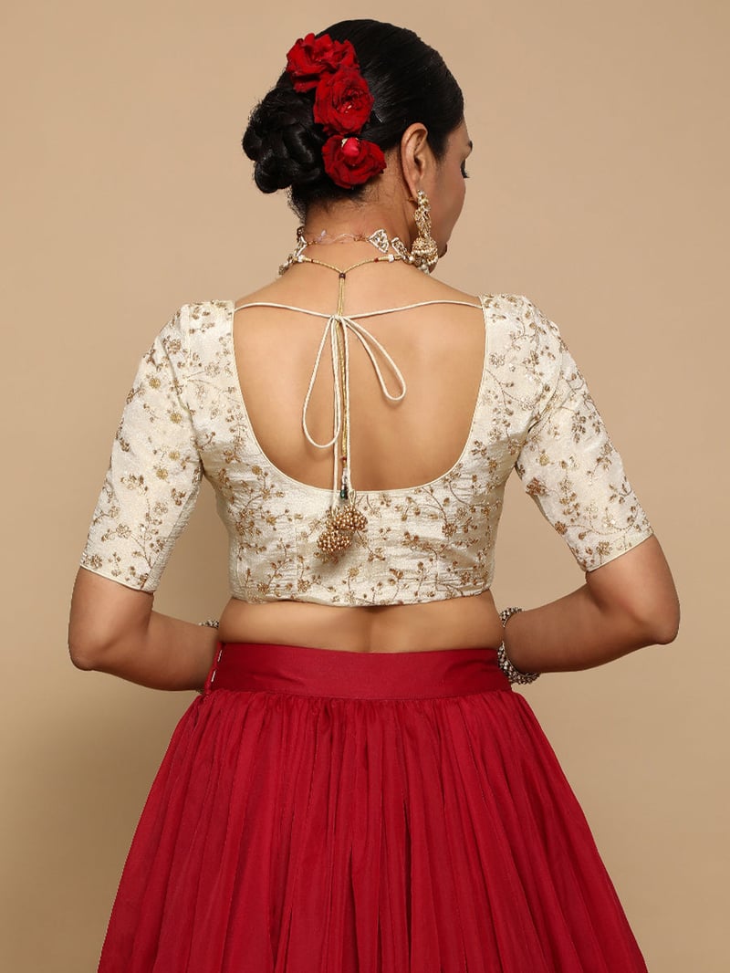 Cream and Gold Embroidered Round Neck Saree Blouse