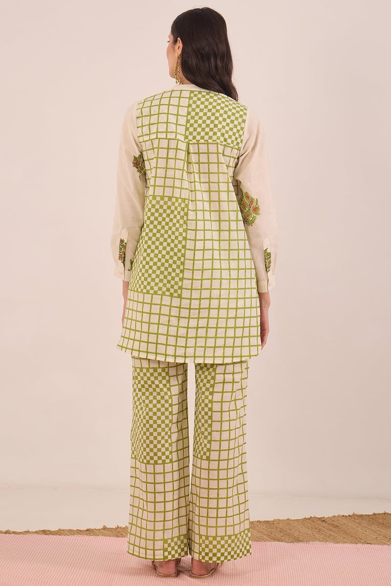Ivory Tunic and Olive Check Wide-Leg Pants Co-ord Set