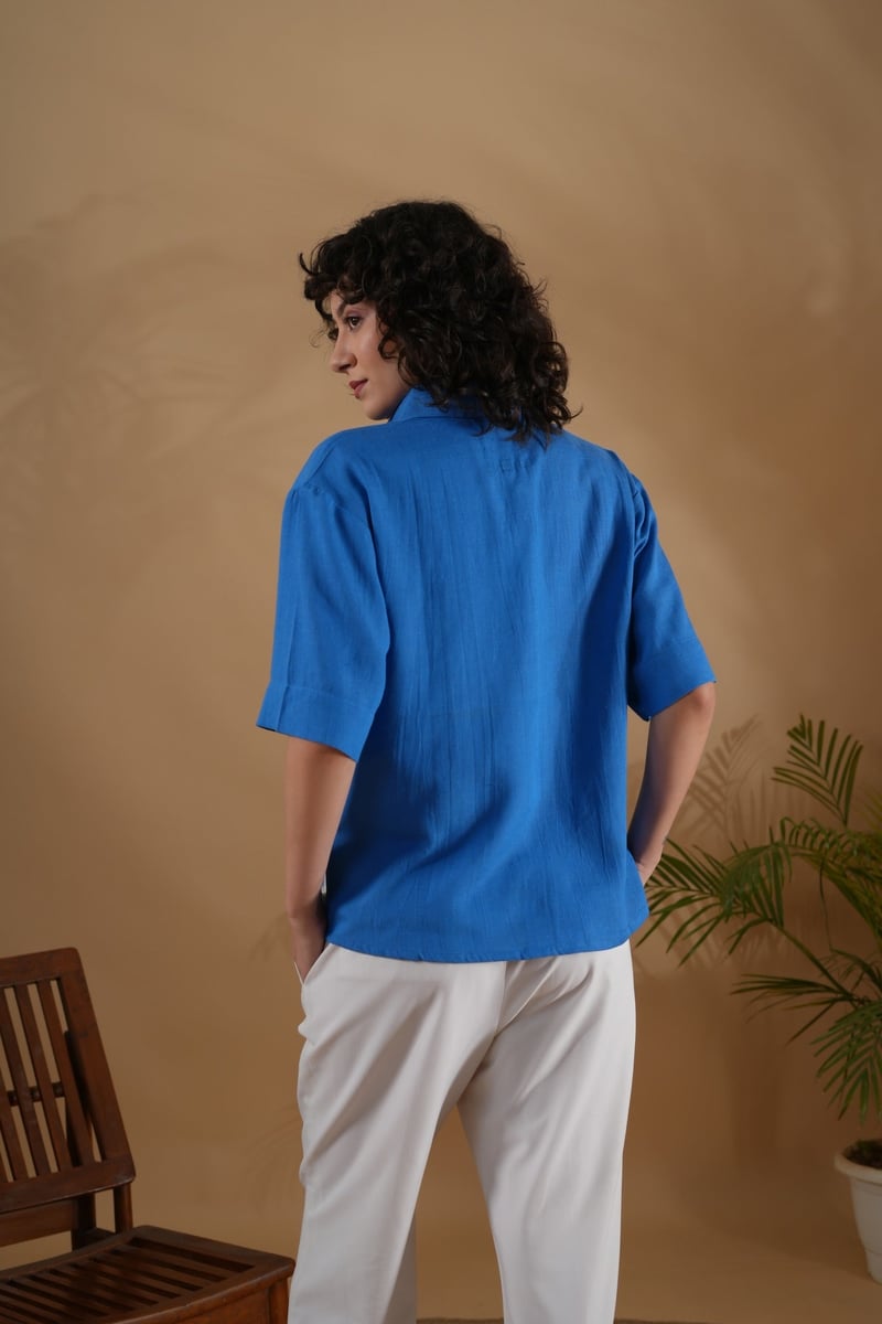 Blue Linen-Cotton Boxy Placement Printed Shirt