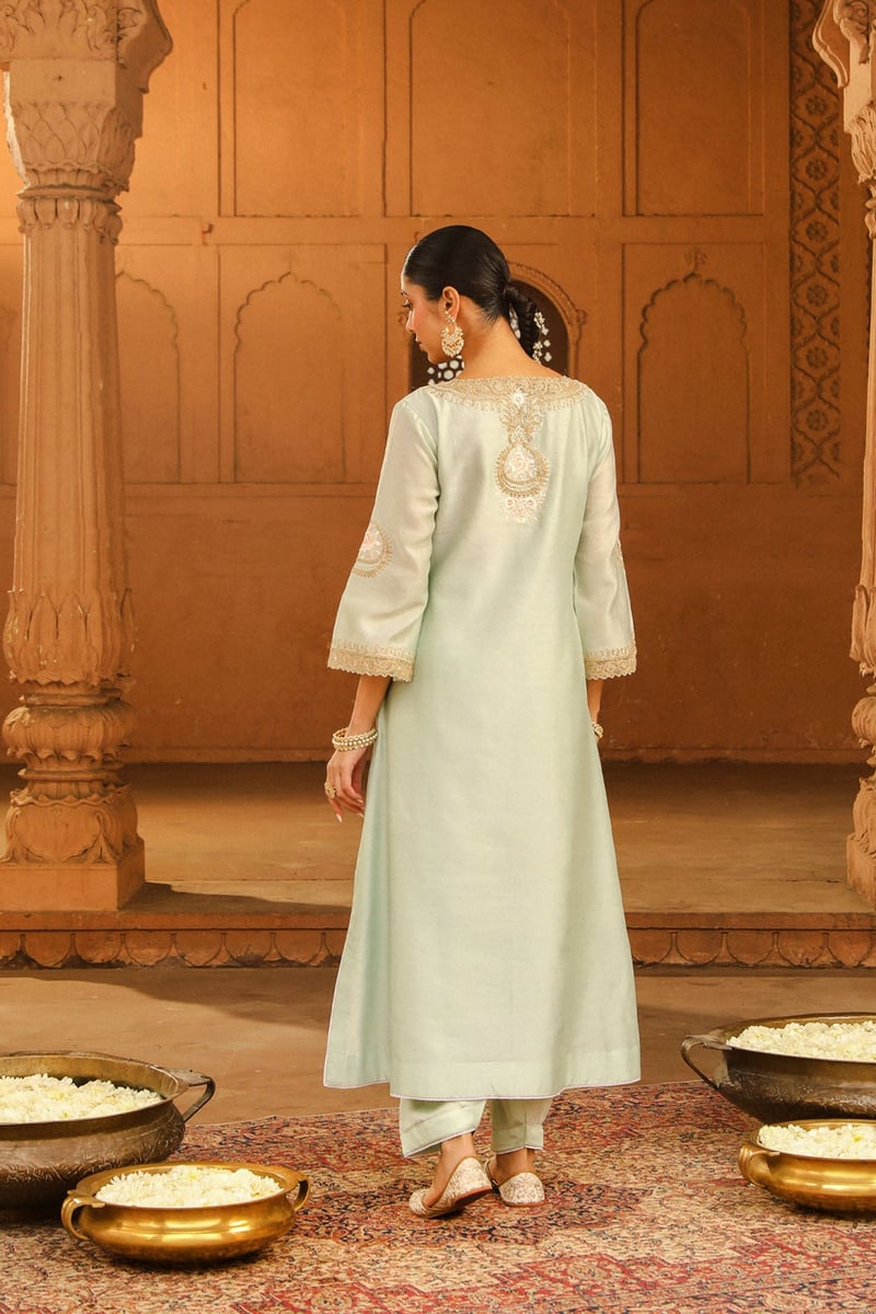 Misty Green Embroidered Long Choga Kurta Set with Salwar