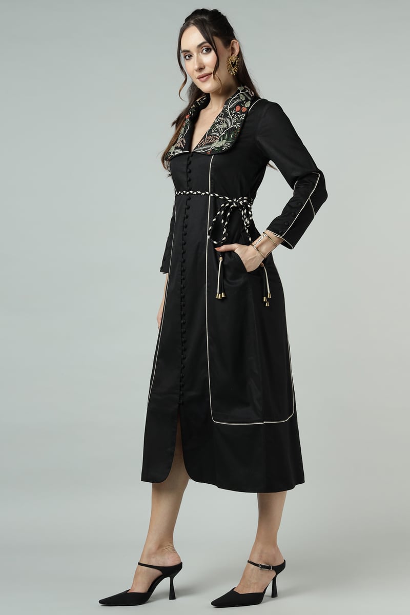 Black Embroidered Collar Belted Trench Jacket