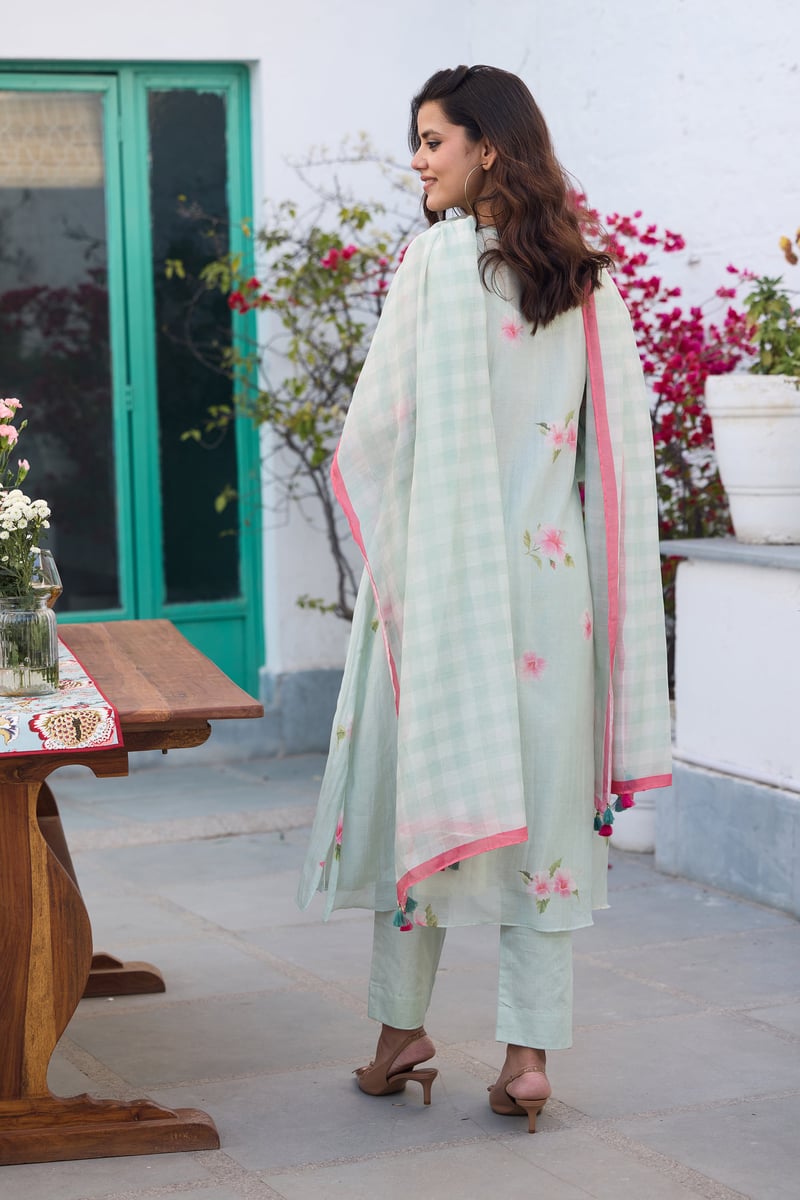 Ice Blue Hand-Painted Floral Silk Chanderi Kurta Set
