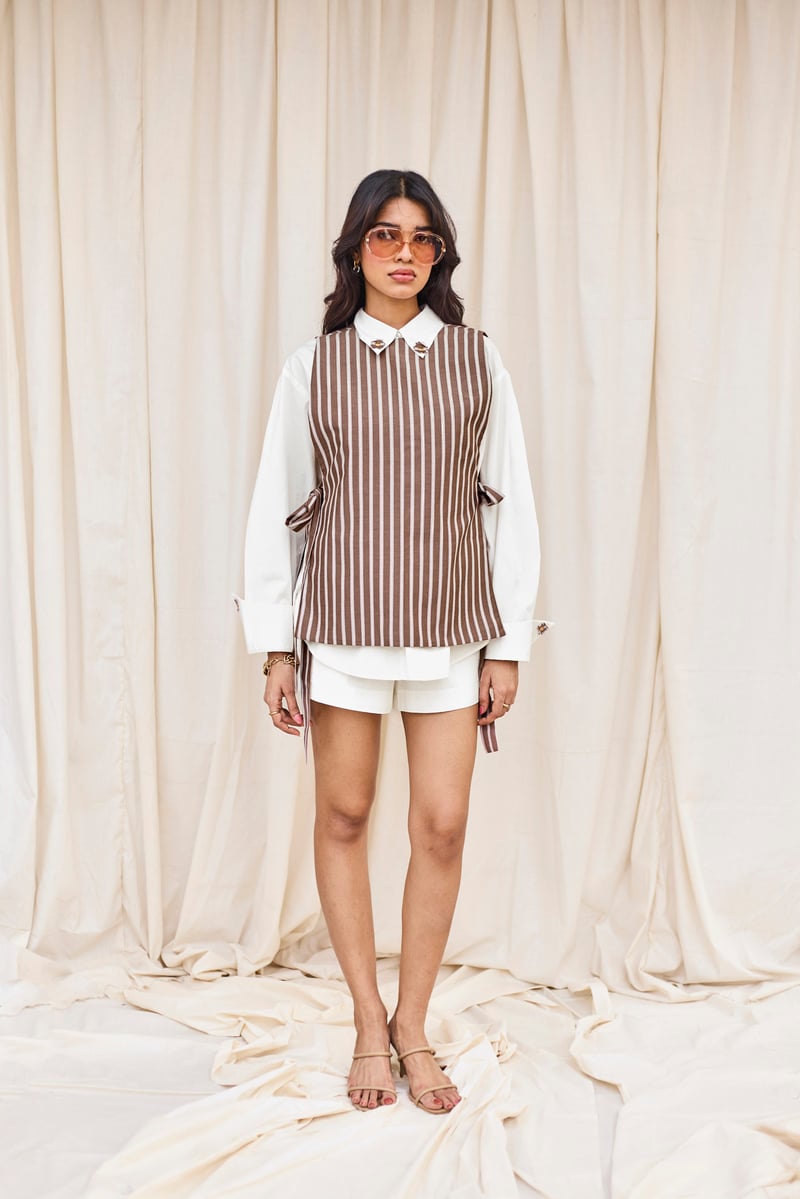 White Embellished Set with Brown Vest