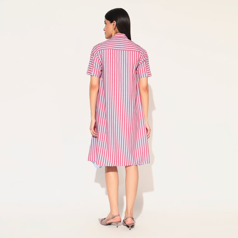 Red and Blue Colorblocked Striped Shirt Dress