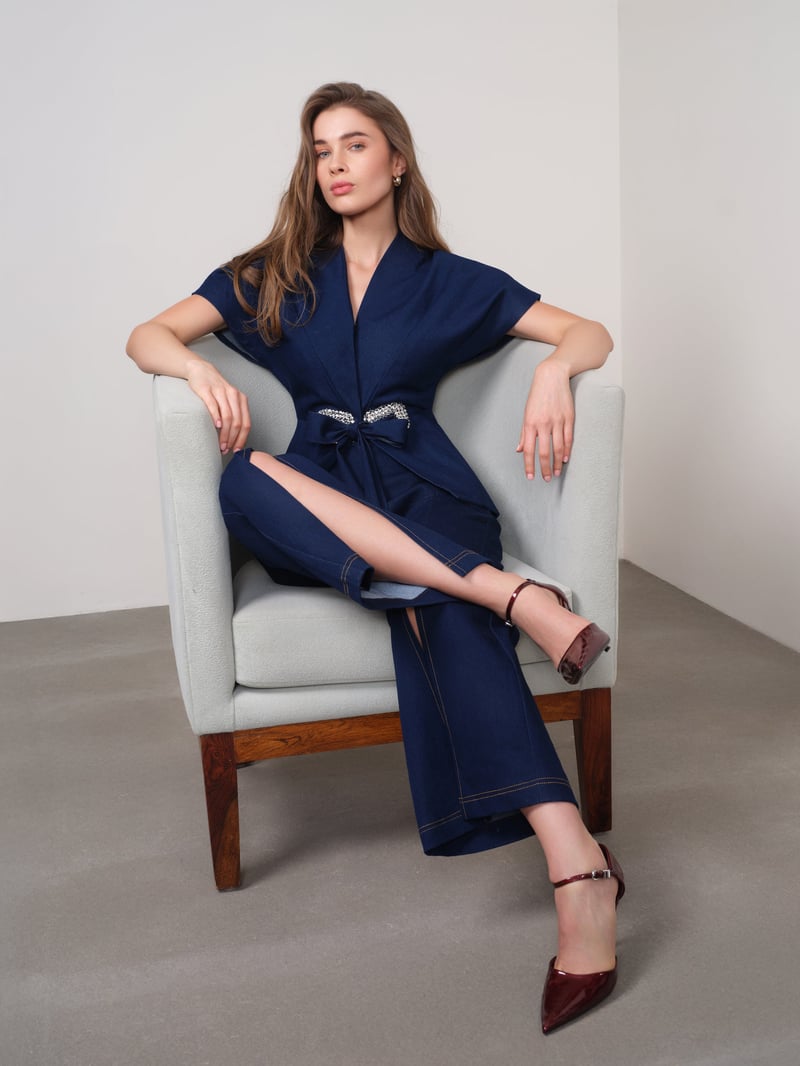 Dark Blue Slit-Hem Bootcut Jeans