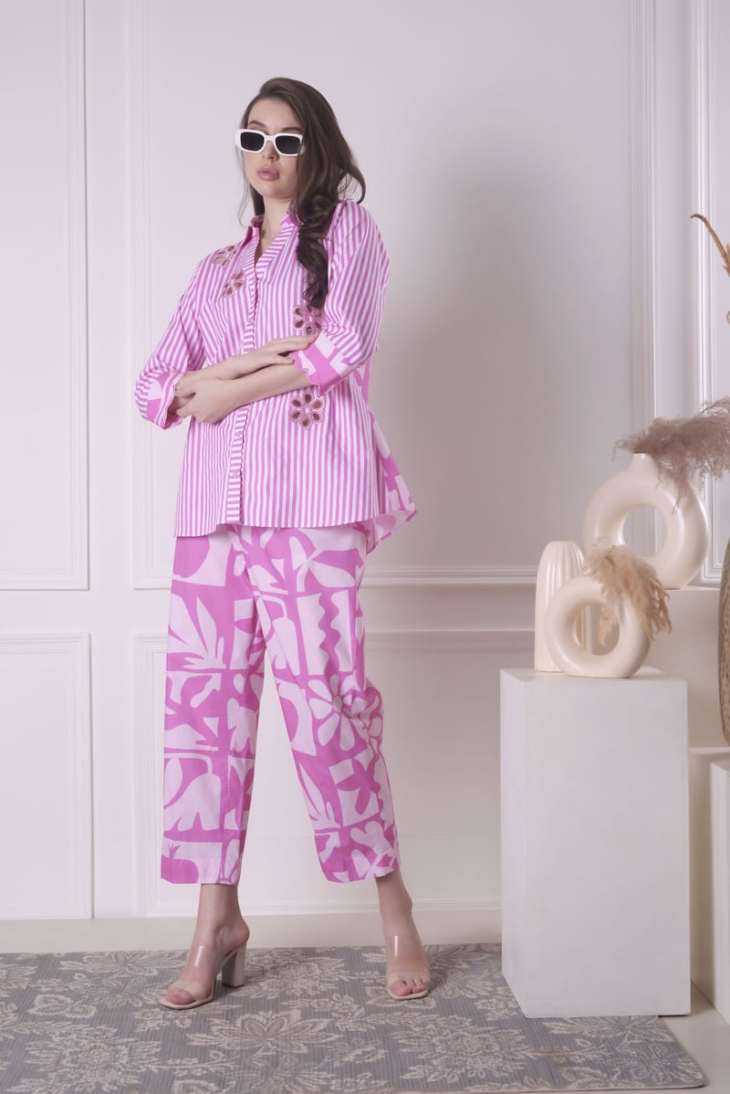 Pink Striped Poplin Shirt with Jumbo Print and Cutwork