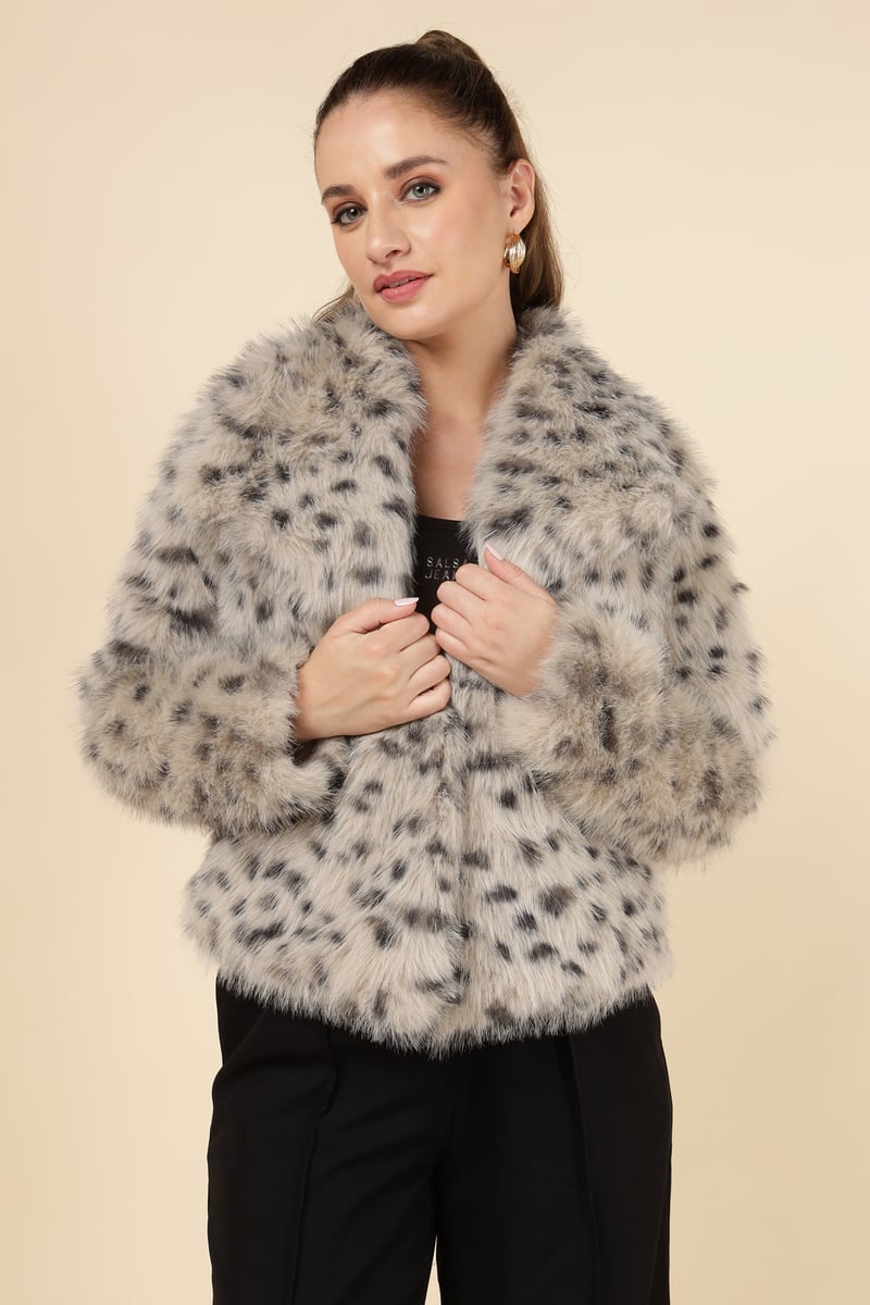 Beige Leopard Faux-Fur Cropped Jacket