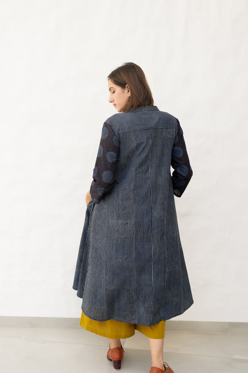 Black and Indigo A-Line Block Print Cotton Kurta