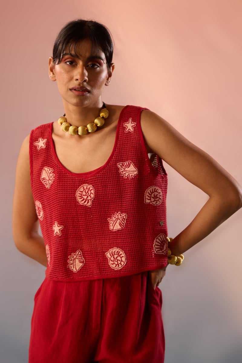 Red Mesh Crop Top with Sea Motif Patches and Inner Top — WESTERNERA