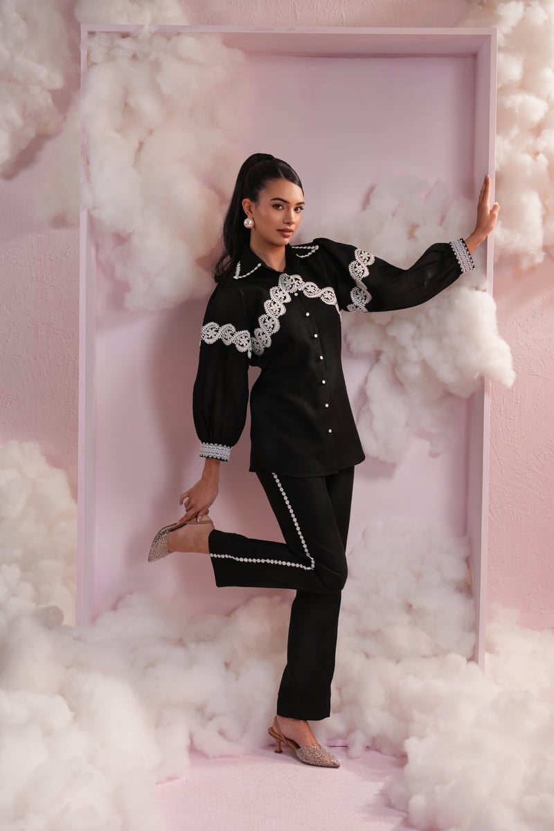 Black Shirt and Tapered Pants Co-ord Set with Lace Detail