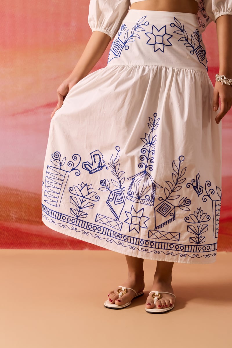 White and Blue Embroidered Off-Shoulder Co-ord Set