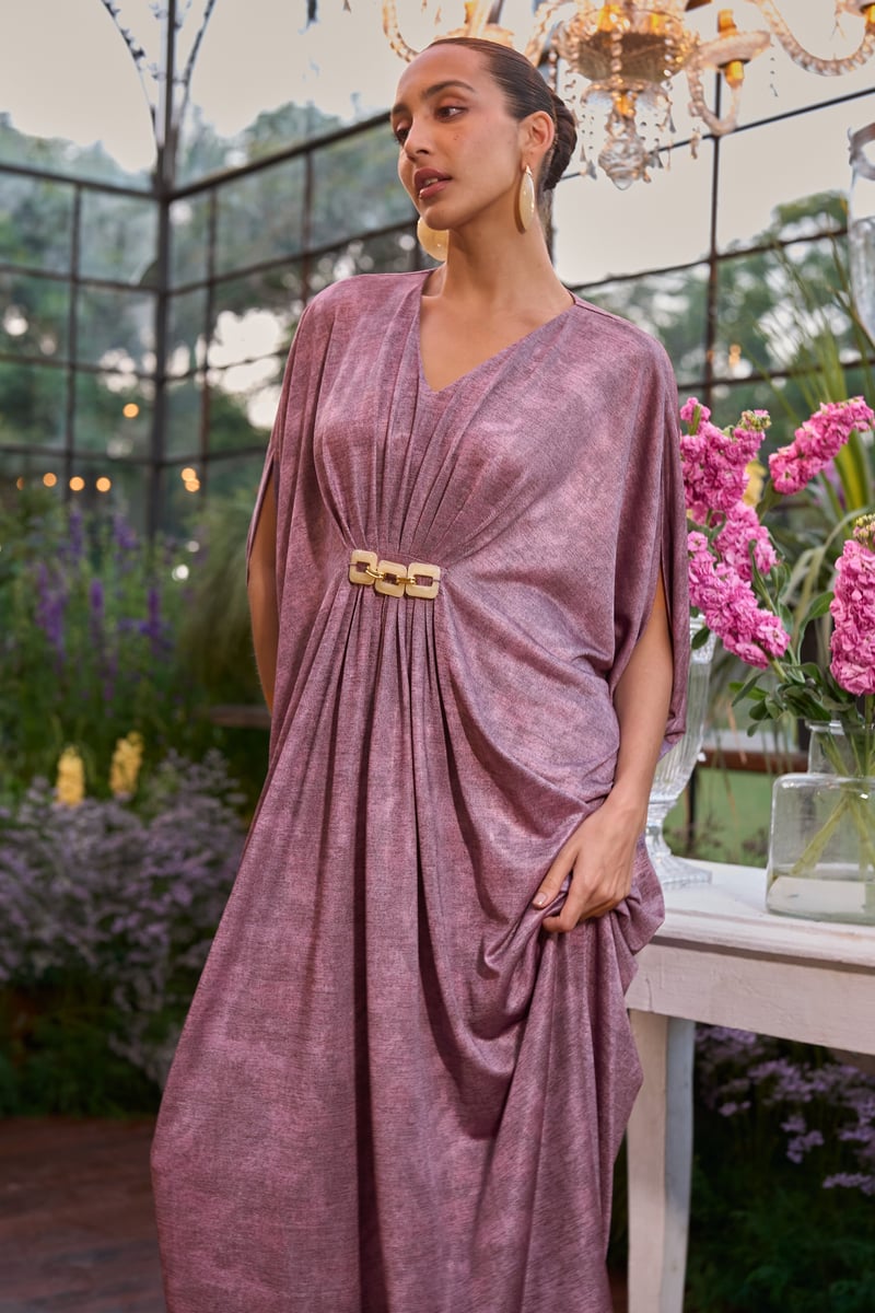Lavender Shimmer Draped Maxi Kaftan Dress with Chain Detail