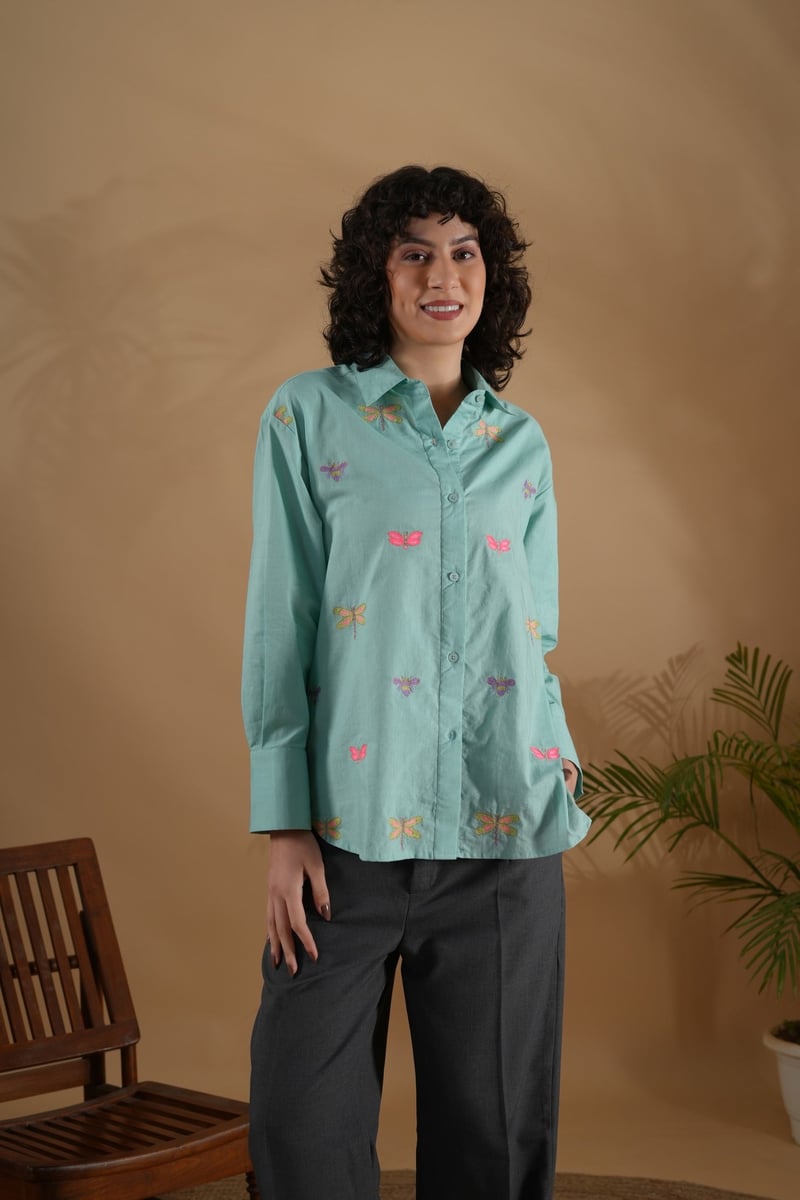 Mint Oversized Bug Embroidered Cotton Linen Shirt