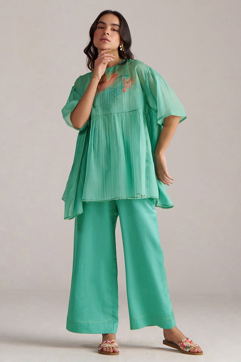 Bright Aqua Kota Silk Co-ord Set with Wide-Leg Pants
