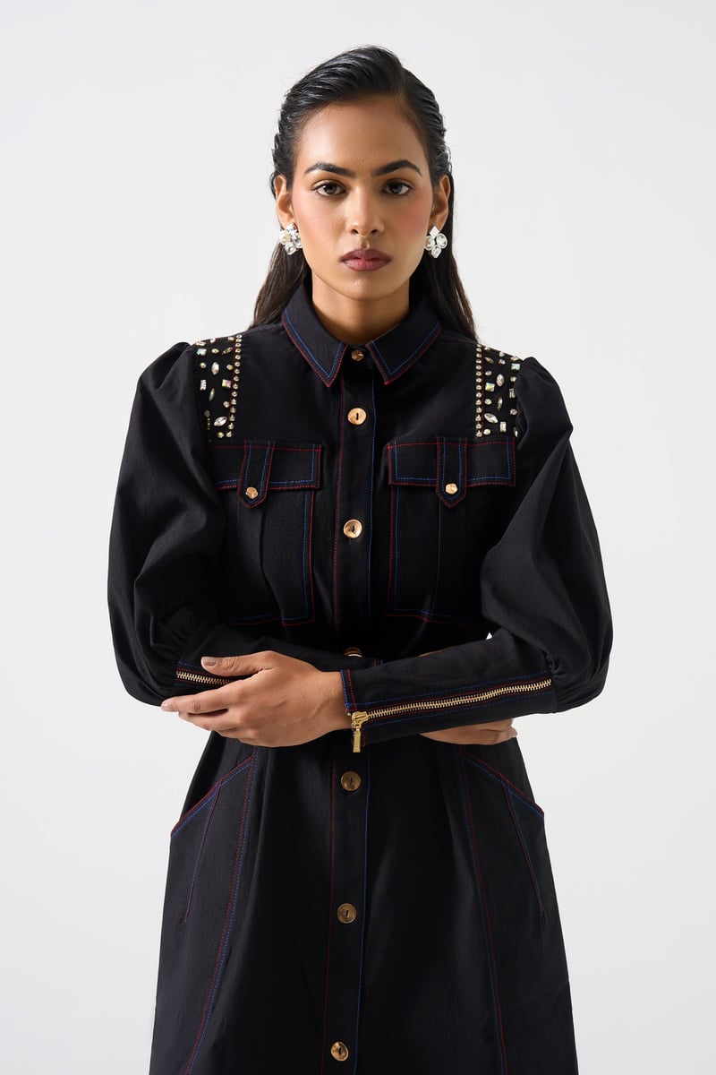 Black Embellished Shirt Dress with Belt