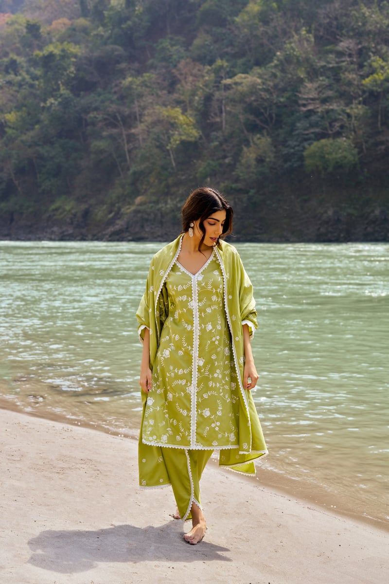 Green Cotton Embroidered Kurta Set with Lace Trim