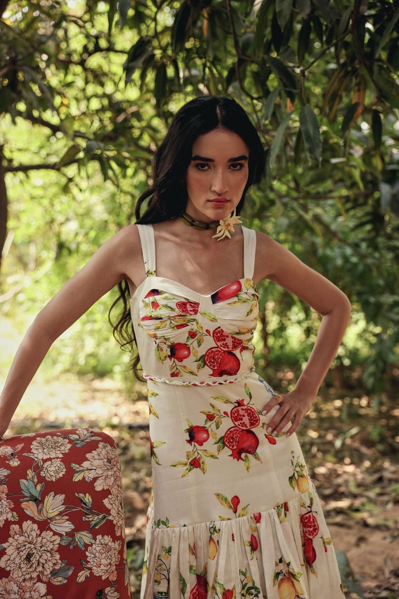 Off White Sweetheart Neck Fruit Print Maxi Dress