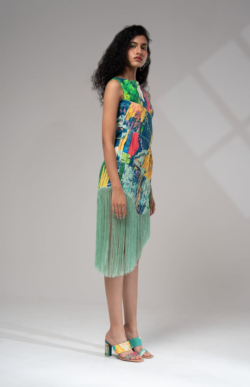 Multicolour Abstract Pleated Fringe Hem Mini Dress