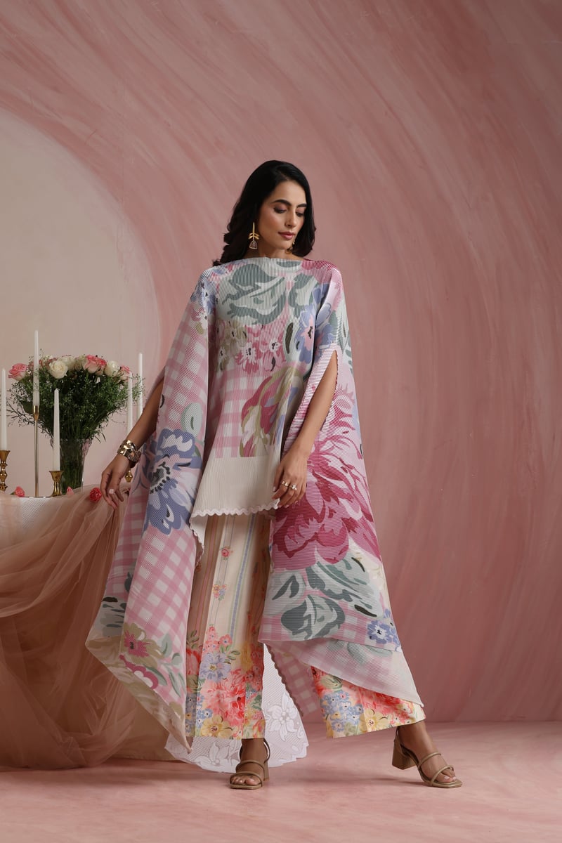 Rose Quartz Satin Floral Check Printed Pleated Cape
