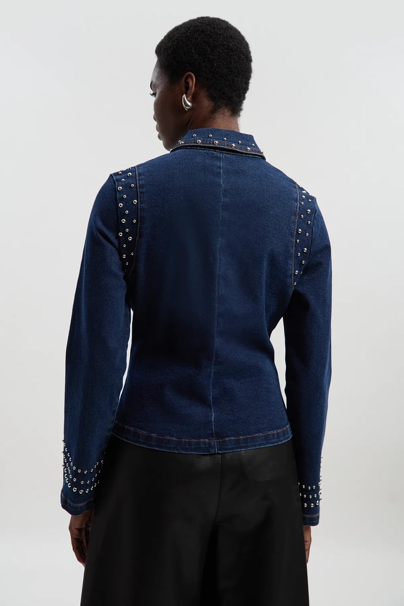 Dark Blue Studded Zip-Front Denim-Look Jacket