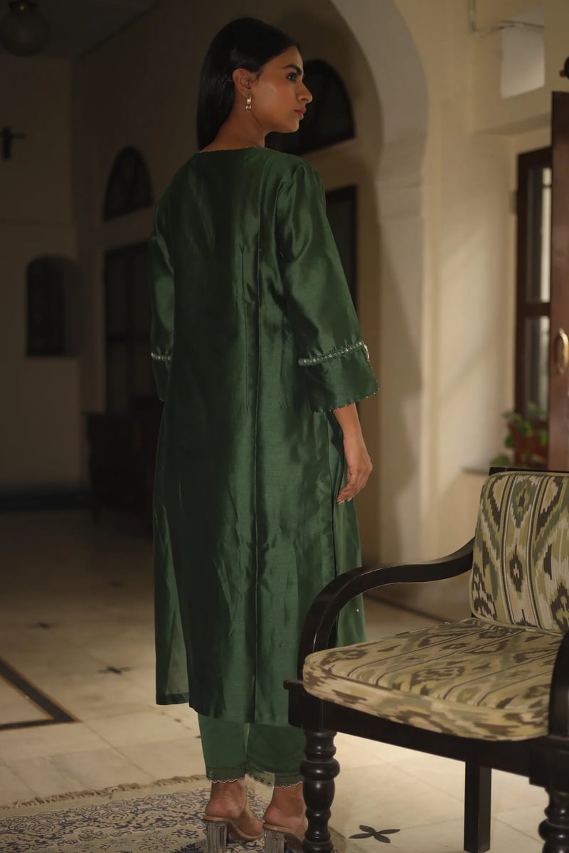 Bottle Green Chanderi Embellished Yoke Kurta Set