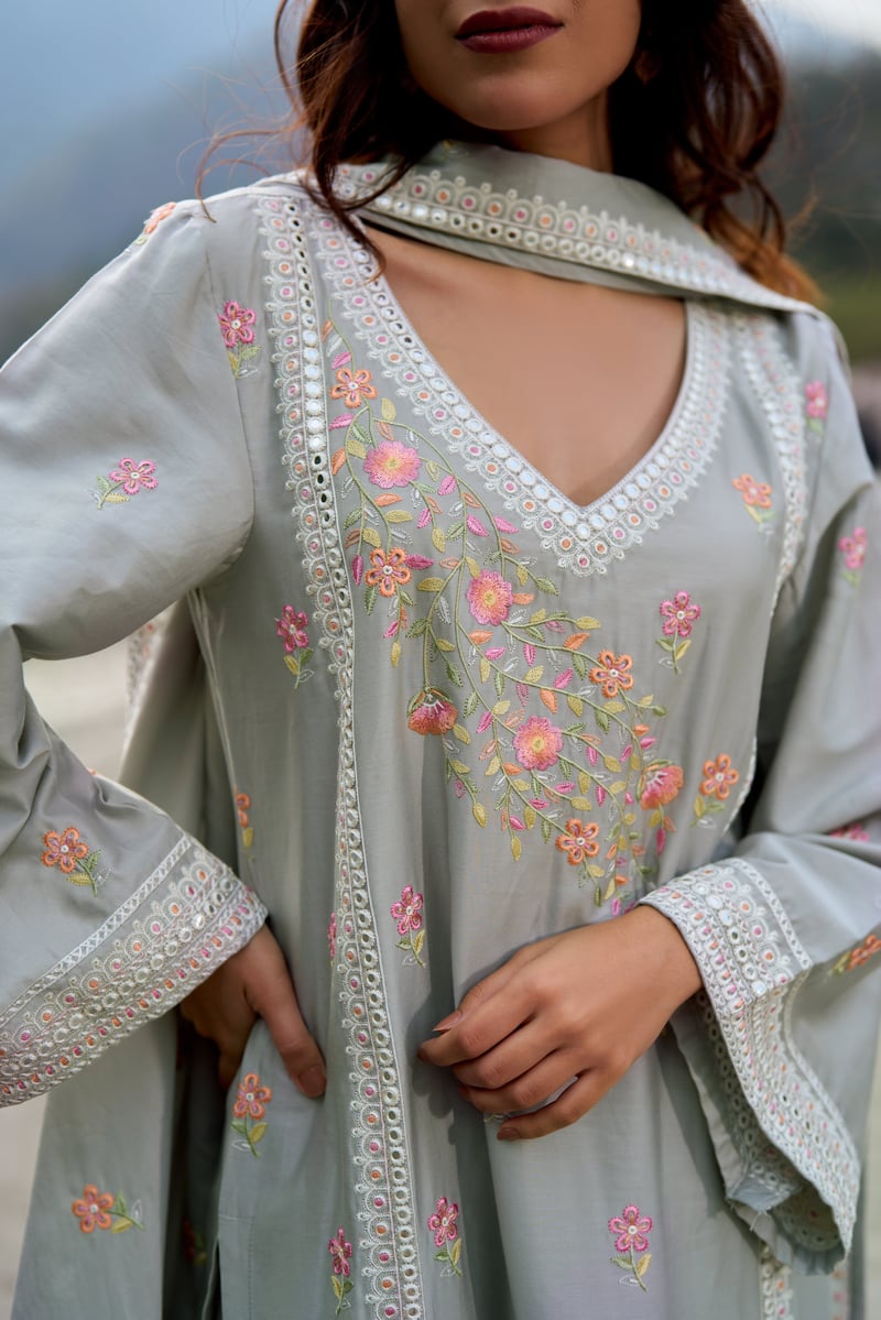 Grey Cotton Embroidered Straight Kurta Set with Dupatta