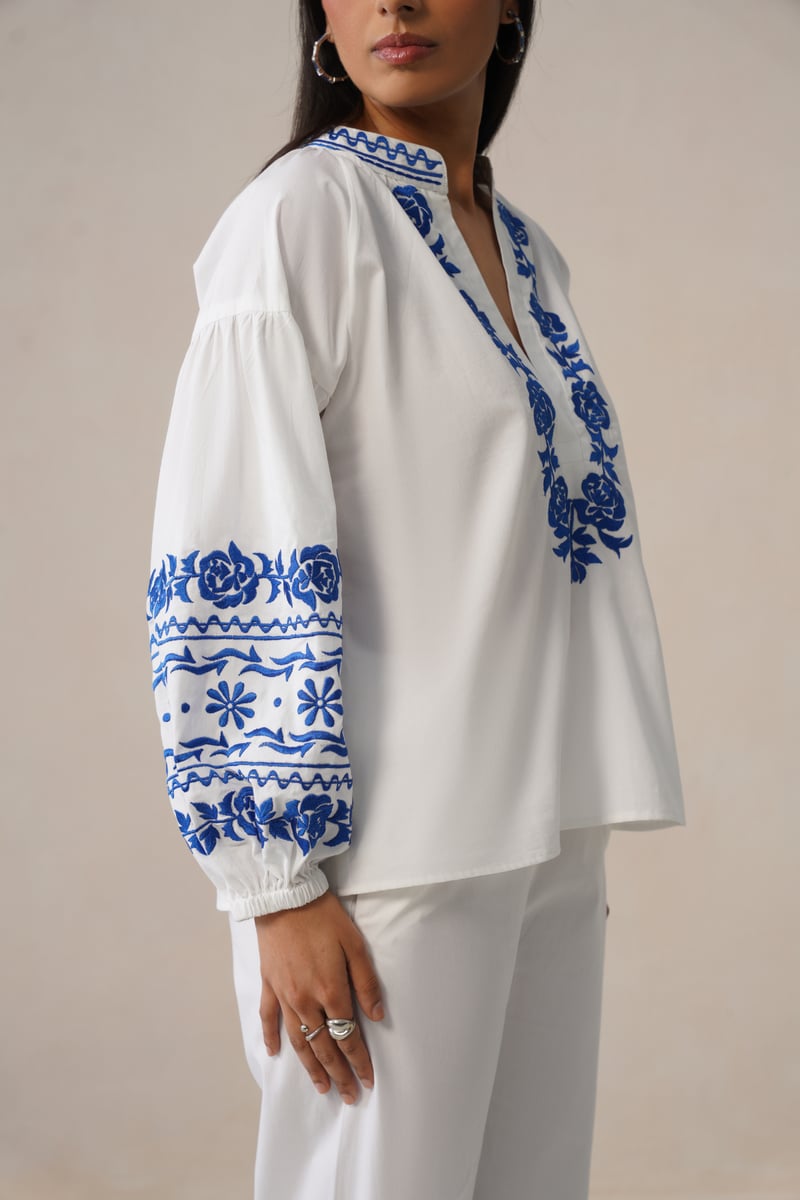 White Co-ord Set with Blue Embroidered V-Neck Top