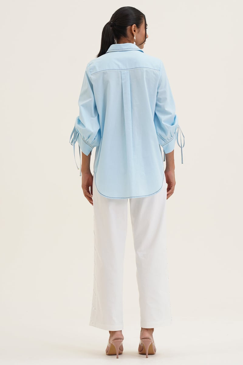 Powder Blue Cotton Shirt with Honey Bee Patch Motifs