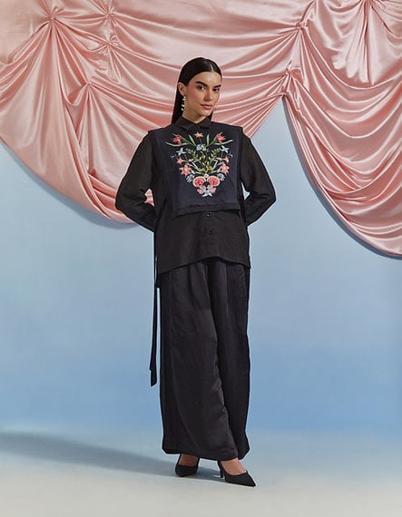 Black High-Waist Wide-Leg Satin Trousers
