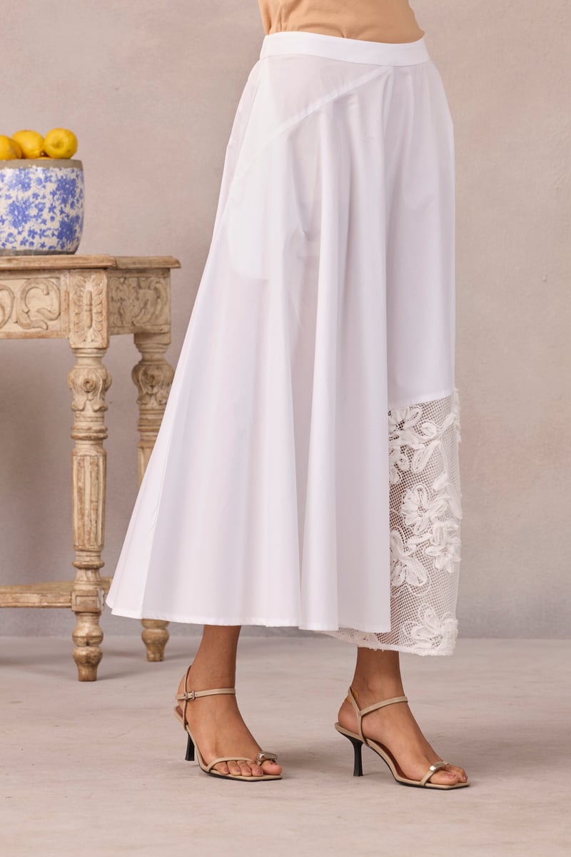 Bright White Panelled Flared Midi Skirt with Floral Applique