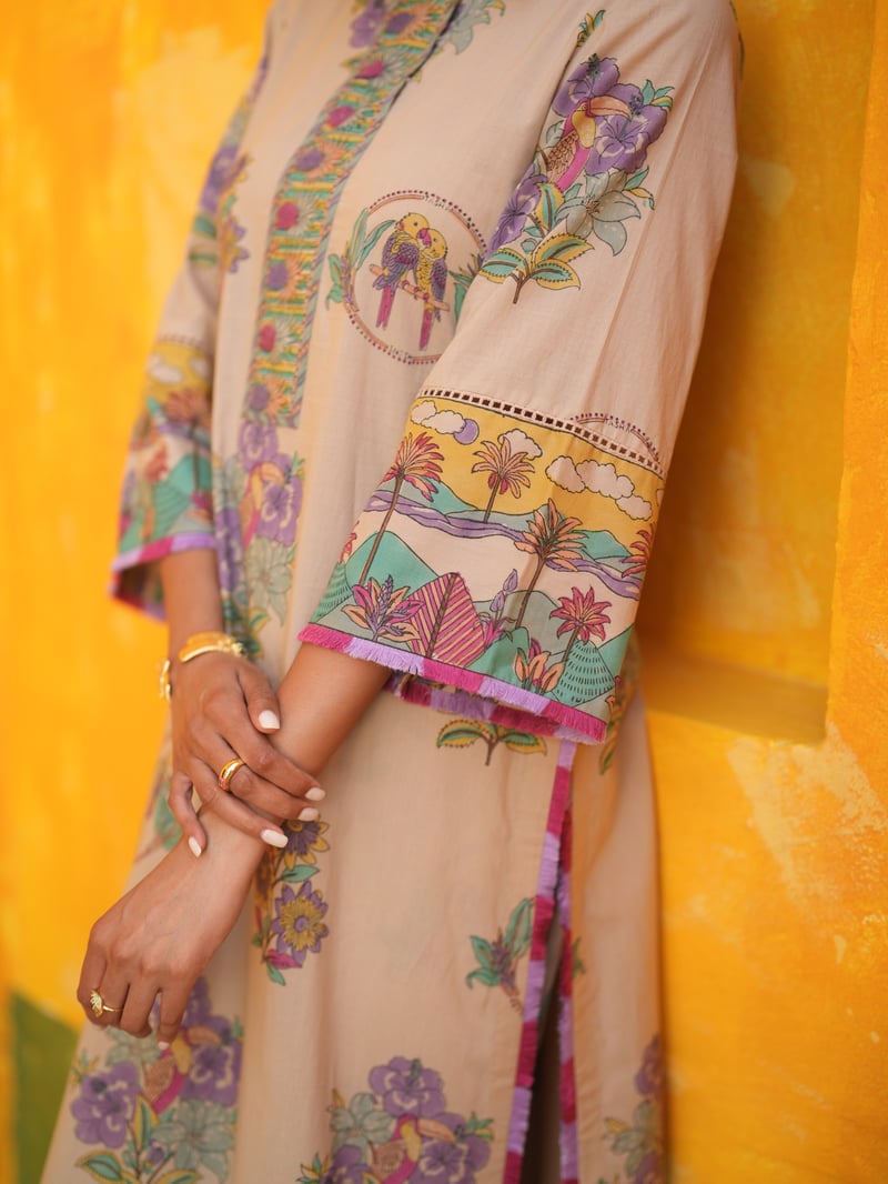Dusty Lilac Tropical Printed Straight Long Kurta Set