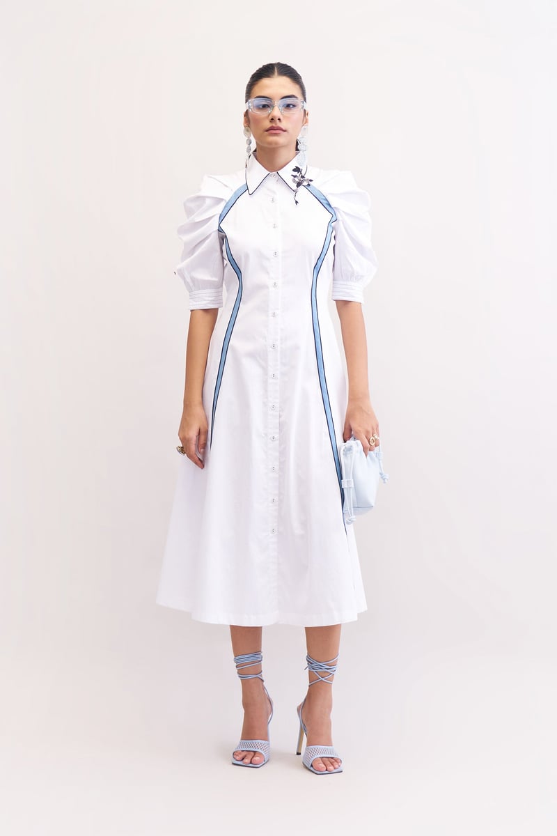 White Midi Shirt Dress with Blue Side Panels