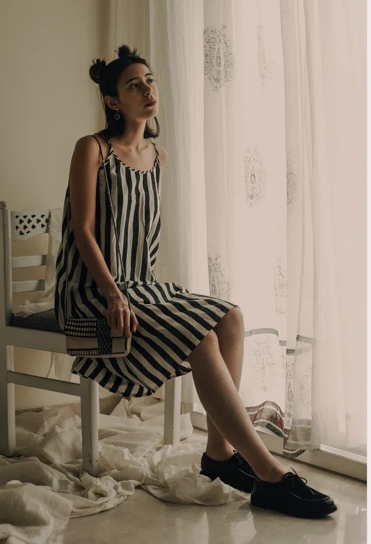 Black/White Striped Cotton Midi Slip Dress