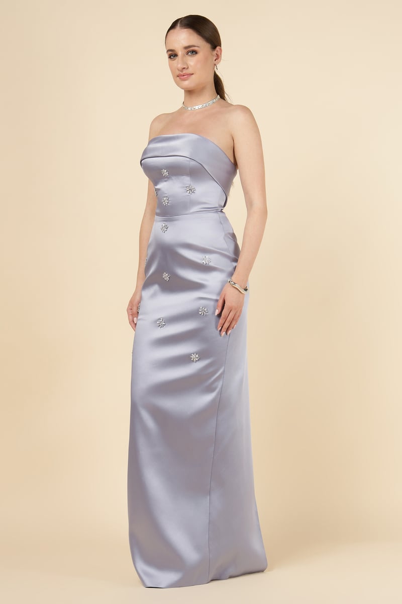 Silver/Purple Strapless Embellished Maxi Gown