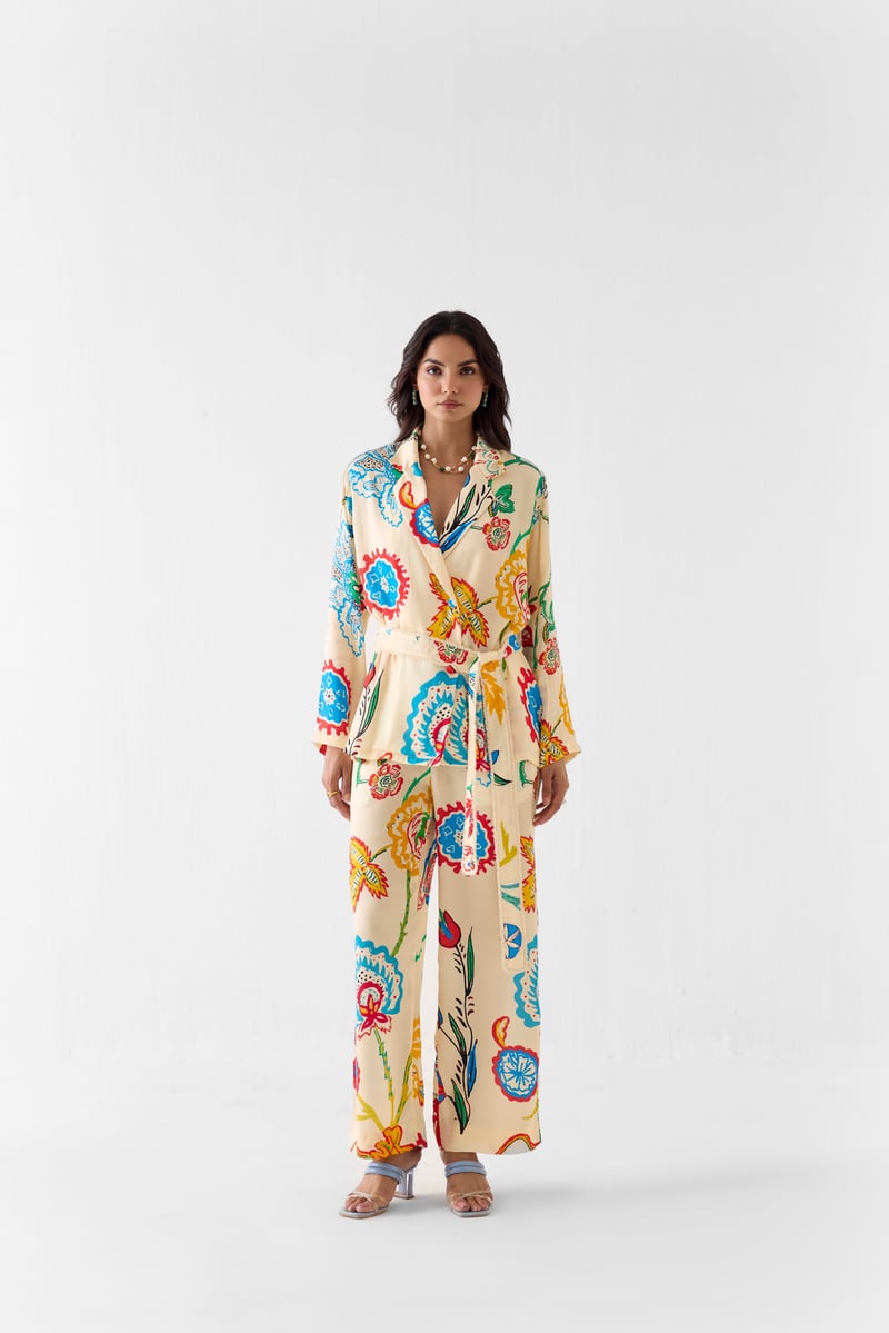 Cream Printed Blazer Shirt and Wide-Leg Trousers Co-ord Set — Studio Rigu