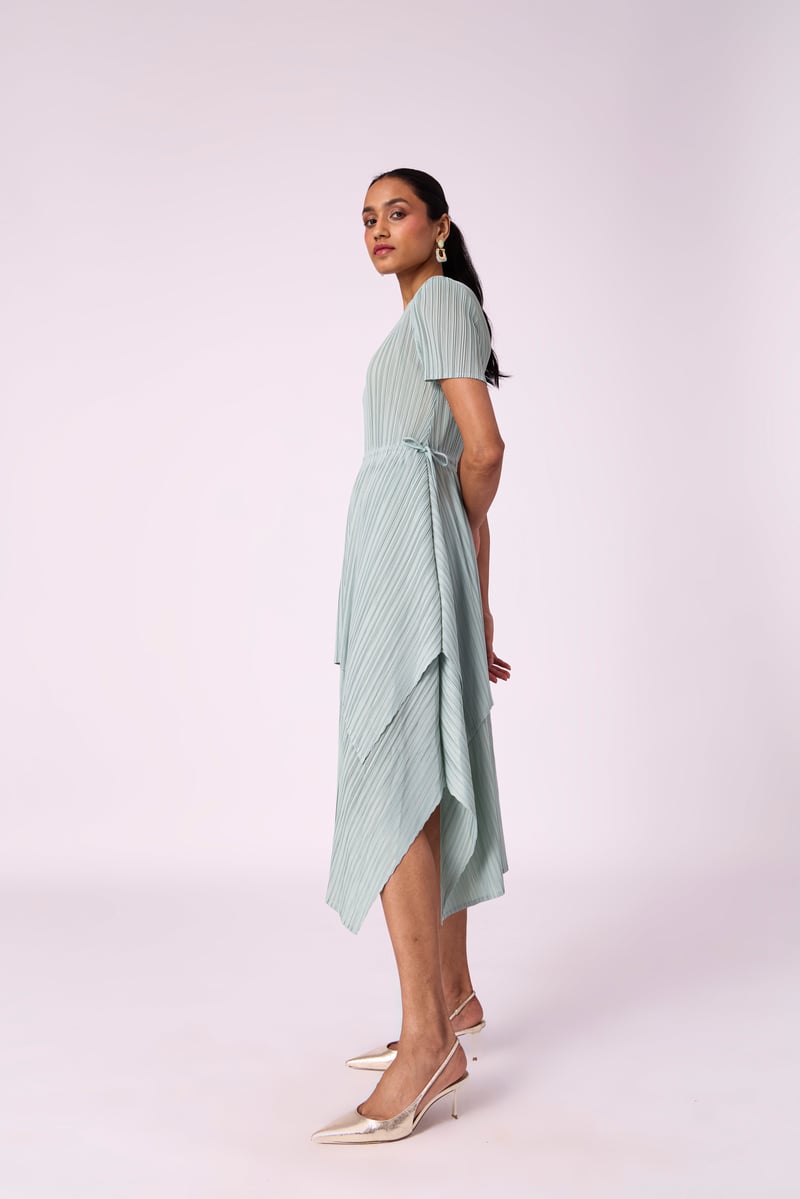 Sage Mint Pleated A-Line Midi Dress with Tie Waist