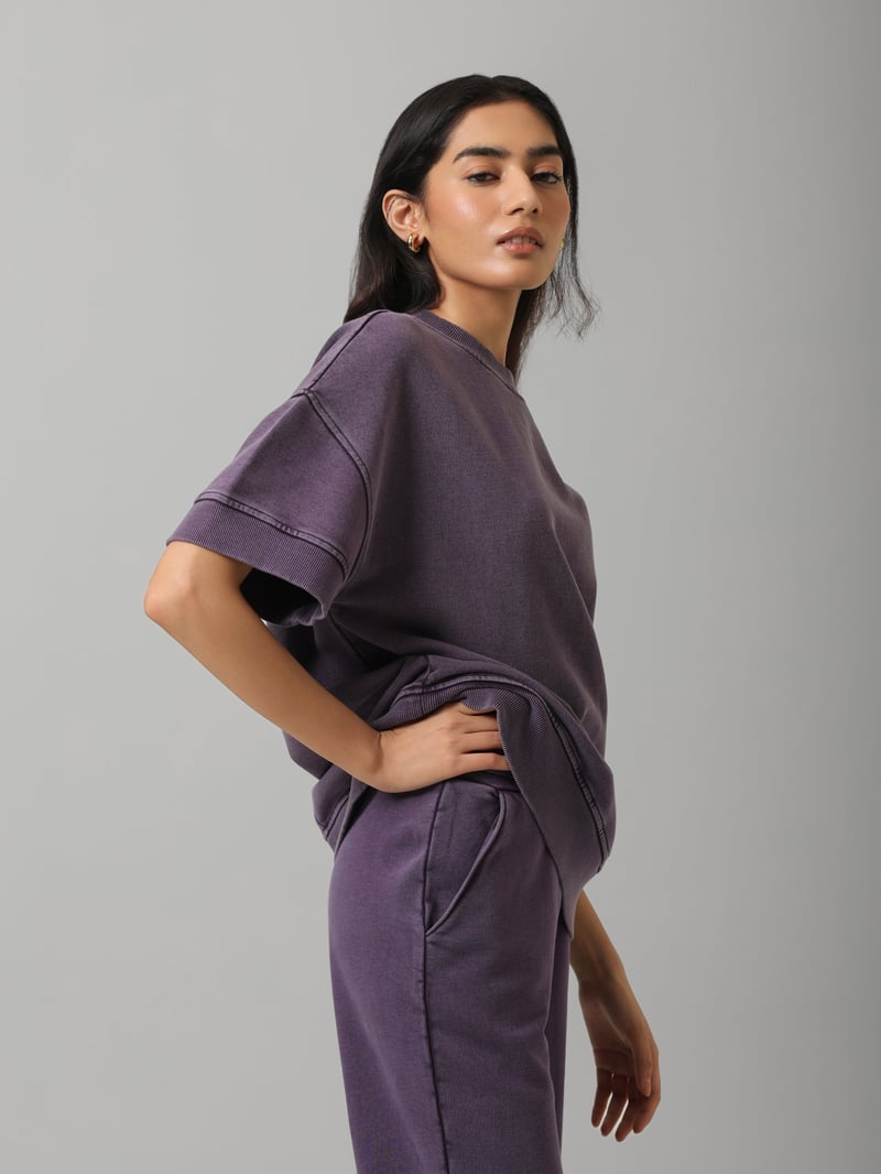 Plum Acid-Wash Short Sleeve Crew Neck Sweatshirt