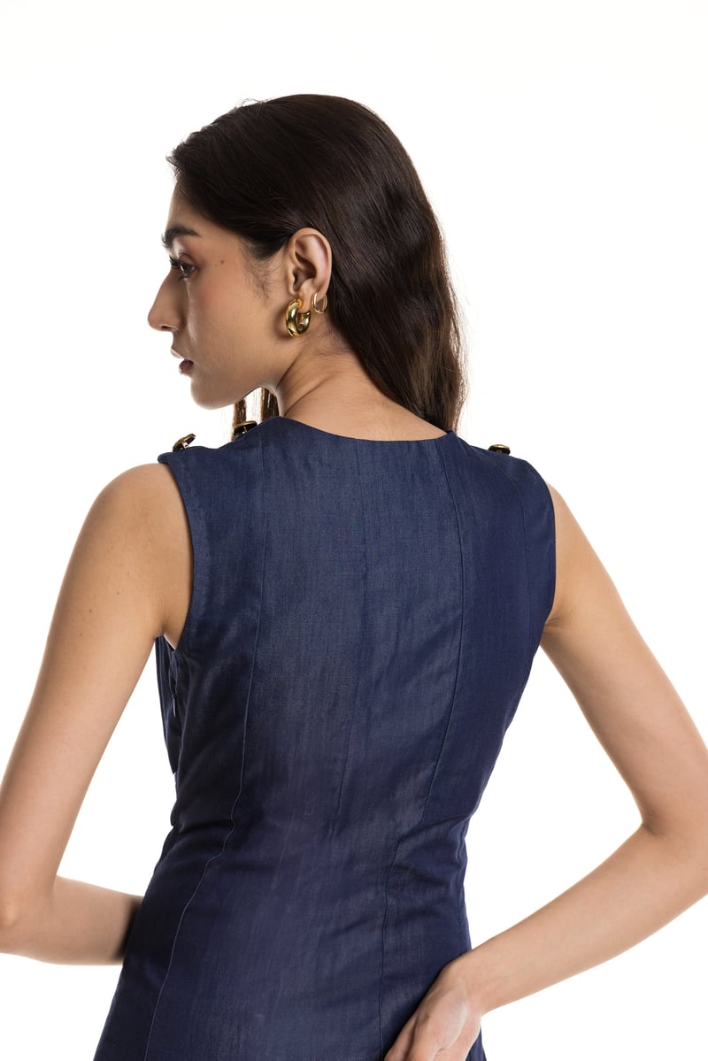 Denim Blue Sleeveless Fit and Flare Midi Dress