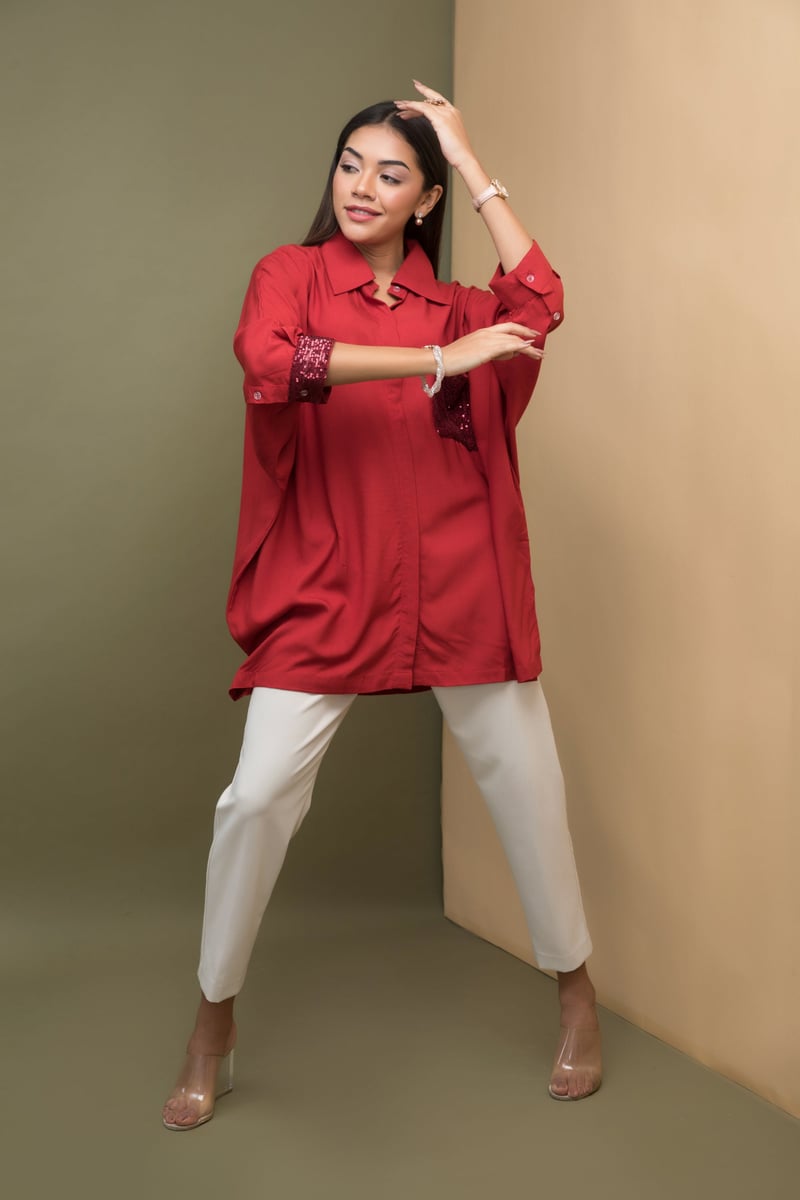 Ruby Red Kaftan-Fit Shirt with Sequin Pocket