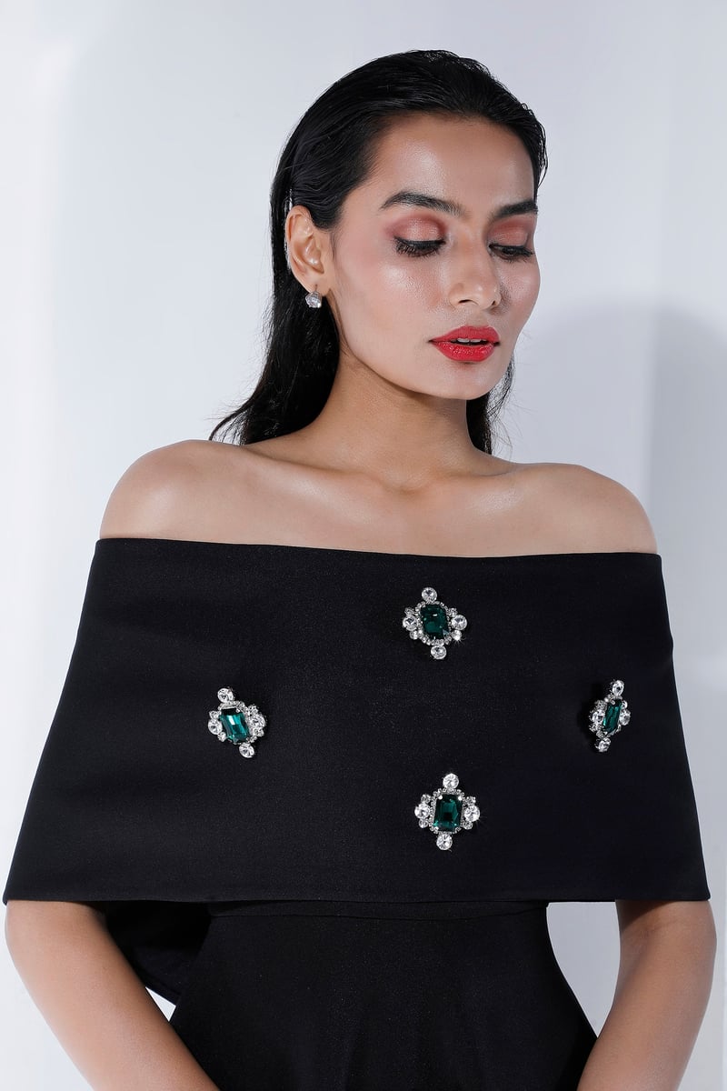 Black Strapless Fit and Flare Midi Dress with Studded Wrap