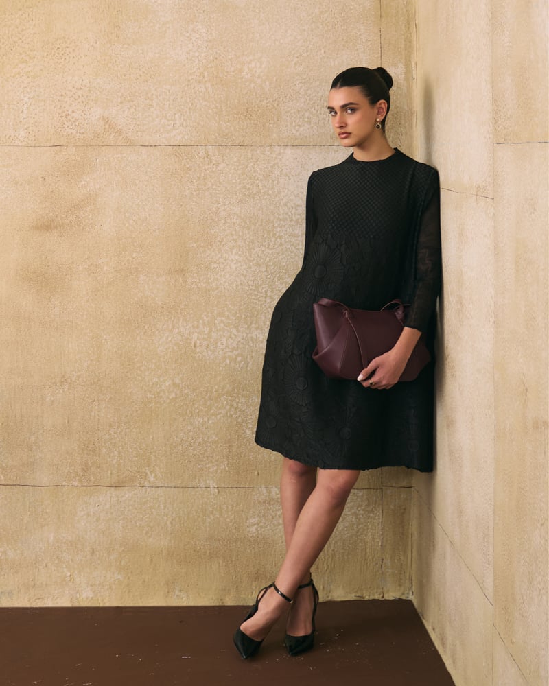 Black Textured A-Line Knee-Length Dress with Sheer Sleeves