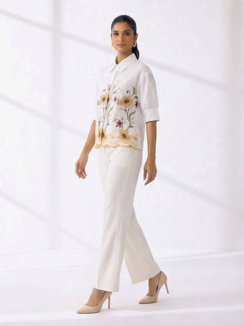 White Embroidered Collared Shirt with Half Sleeves