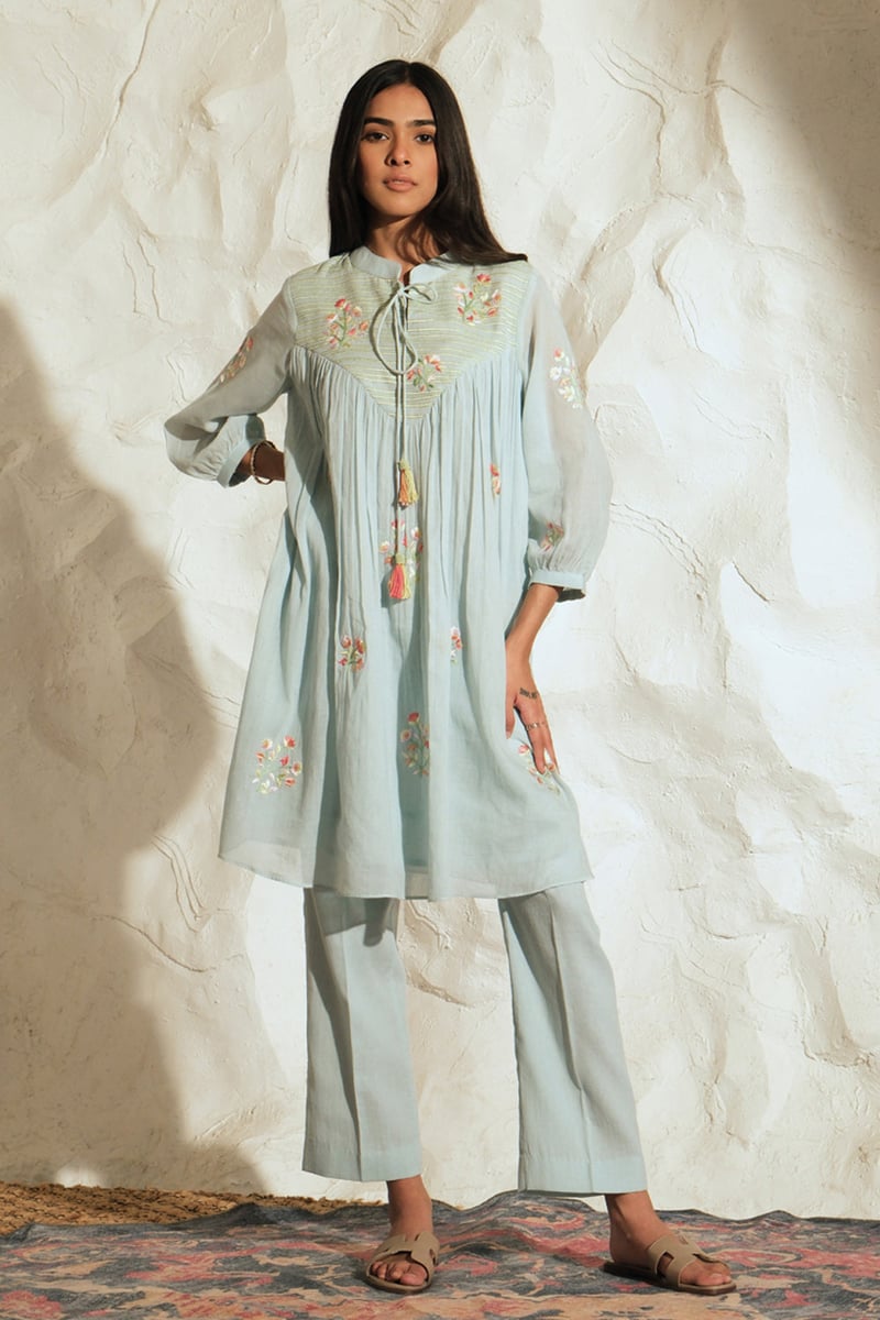 Pastel Blue Mul Mul Embroidered Co-ord Set