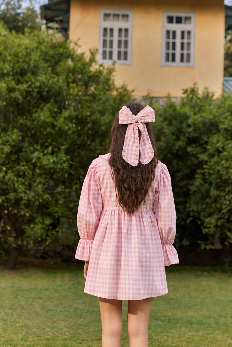 Pink Checked Fit and Flare Mini Dress with Peter Pan Collar